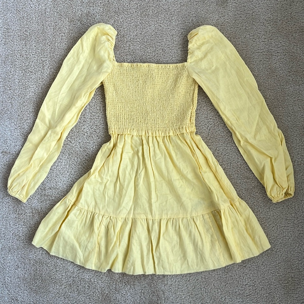 Aritzia Wilfred Tempest Linen Yellow Mini Dress Puff Sleeve XS Extra Small - Picture 3 of 7